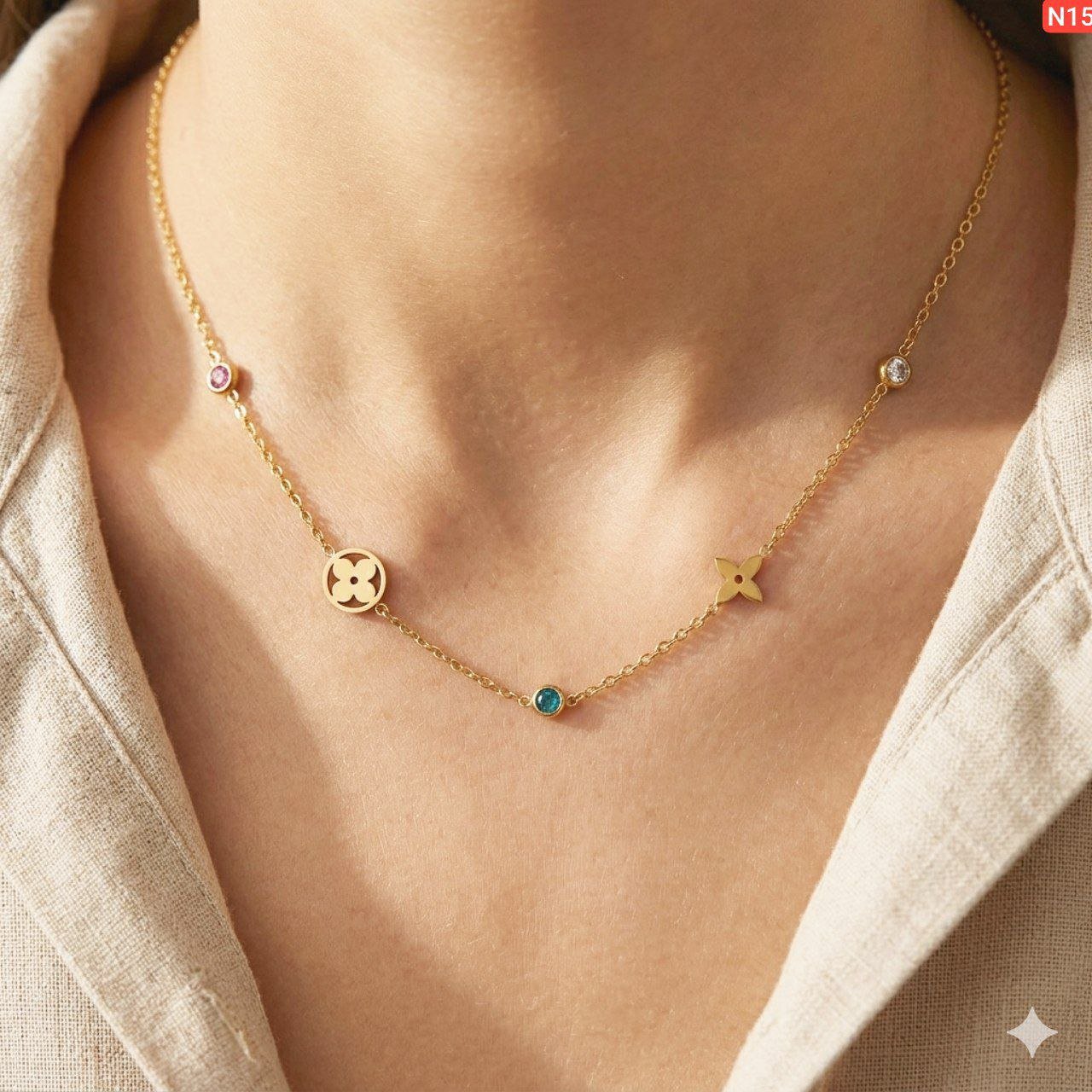 Gold Four Mounted Necklace White Stone And Multi Colour stone - Image 4
