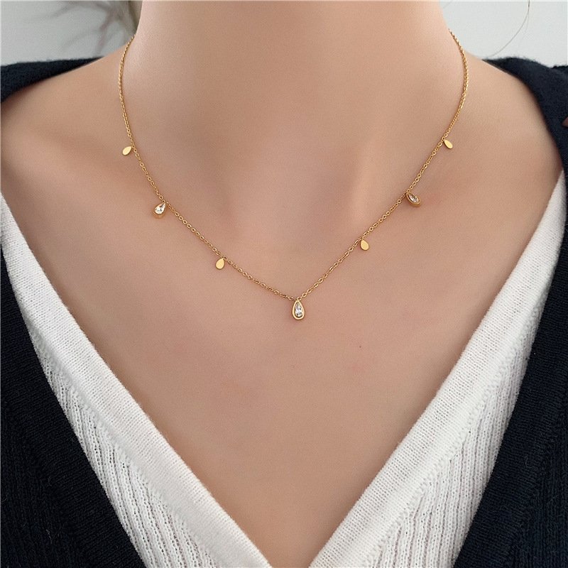 Water Drop diamond And Coin Stainless Steel Necklace