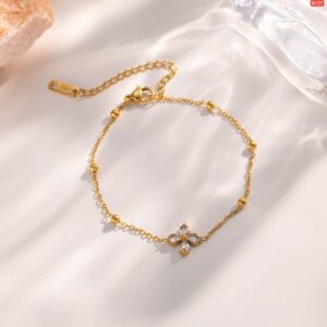 Four Leaf Zircon Stone Multi Ball Gold Bracelet