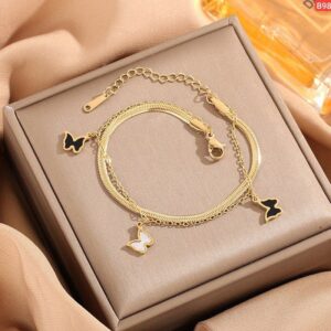 Double Layer Black And White Butterfly Thick & thin  Chain Bracelet